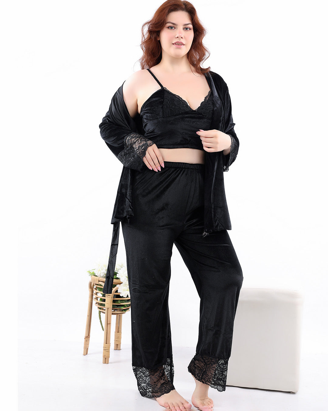 3-Piece Velvet Lounge Set - Black Lace
