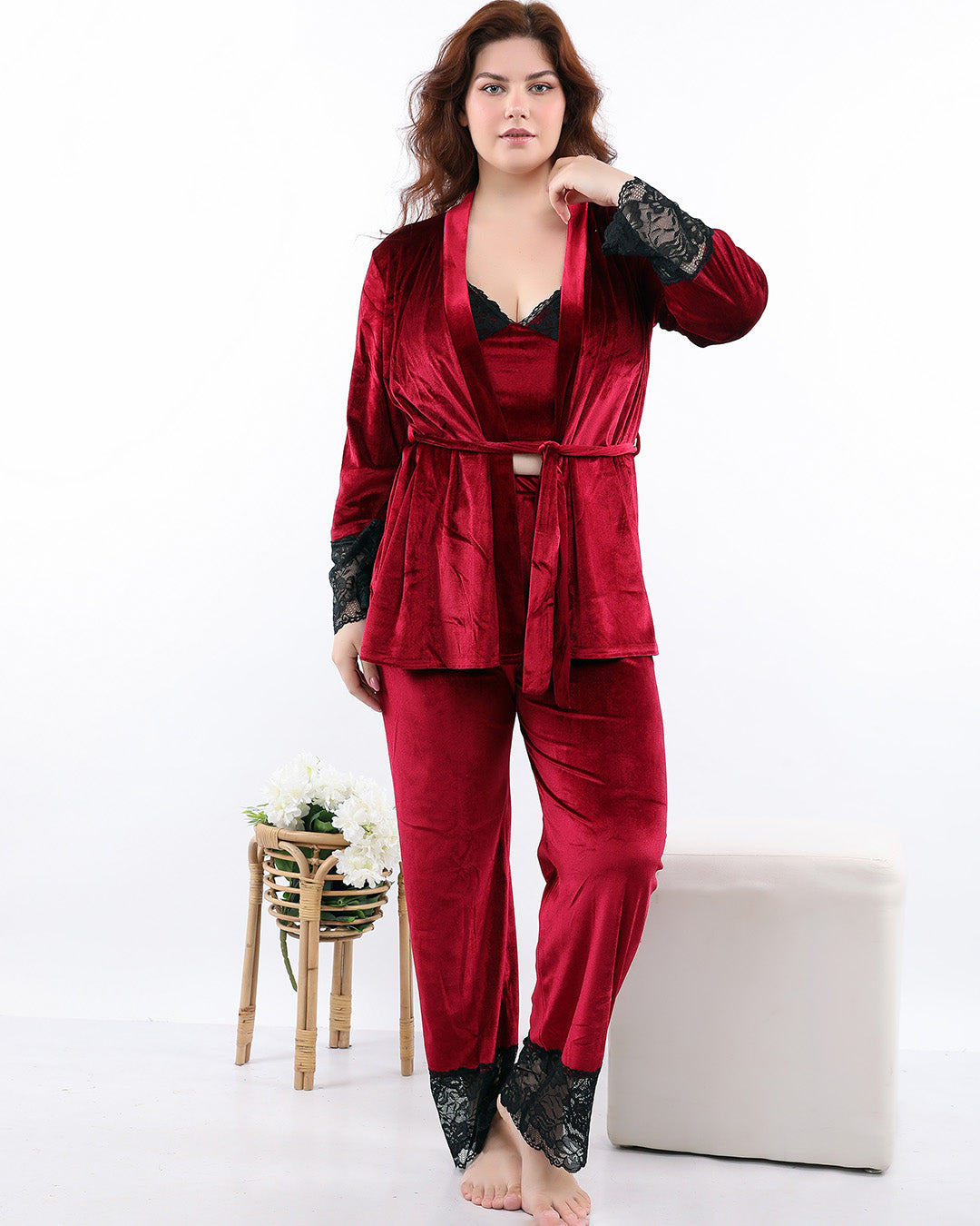 3-Piece Velvet Lounge Set - Black Lace