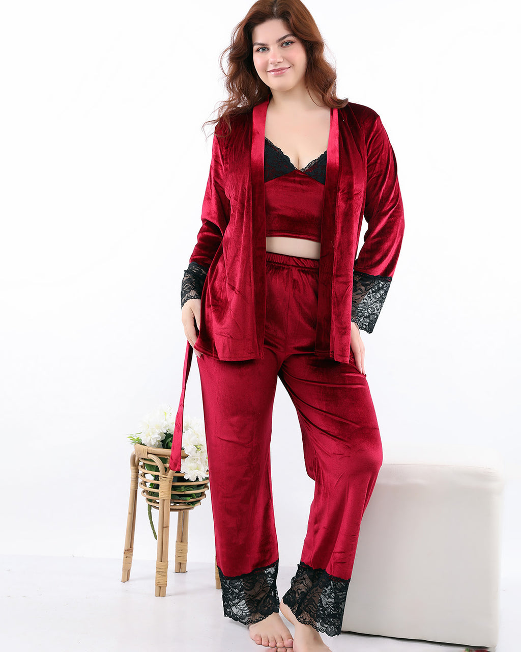 3-Piece Velvet Lounge Set - Black Lace