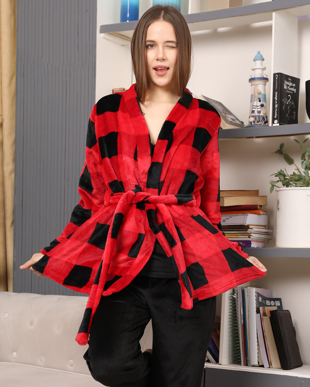 3-Piece Velvet Lounge Set - Polar Plaid Robe