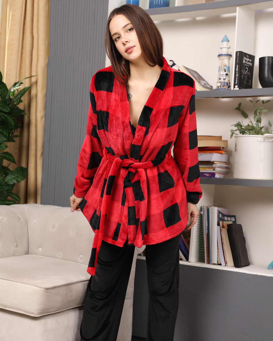 3-Piece Velvet Lounge Set - Polar Plaid Robe