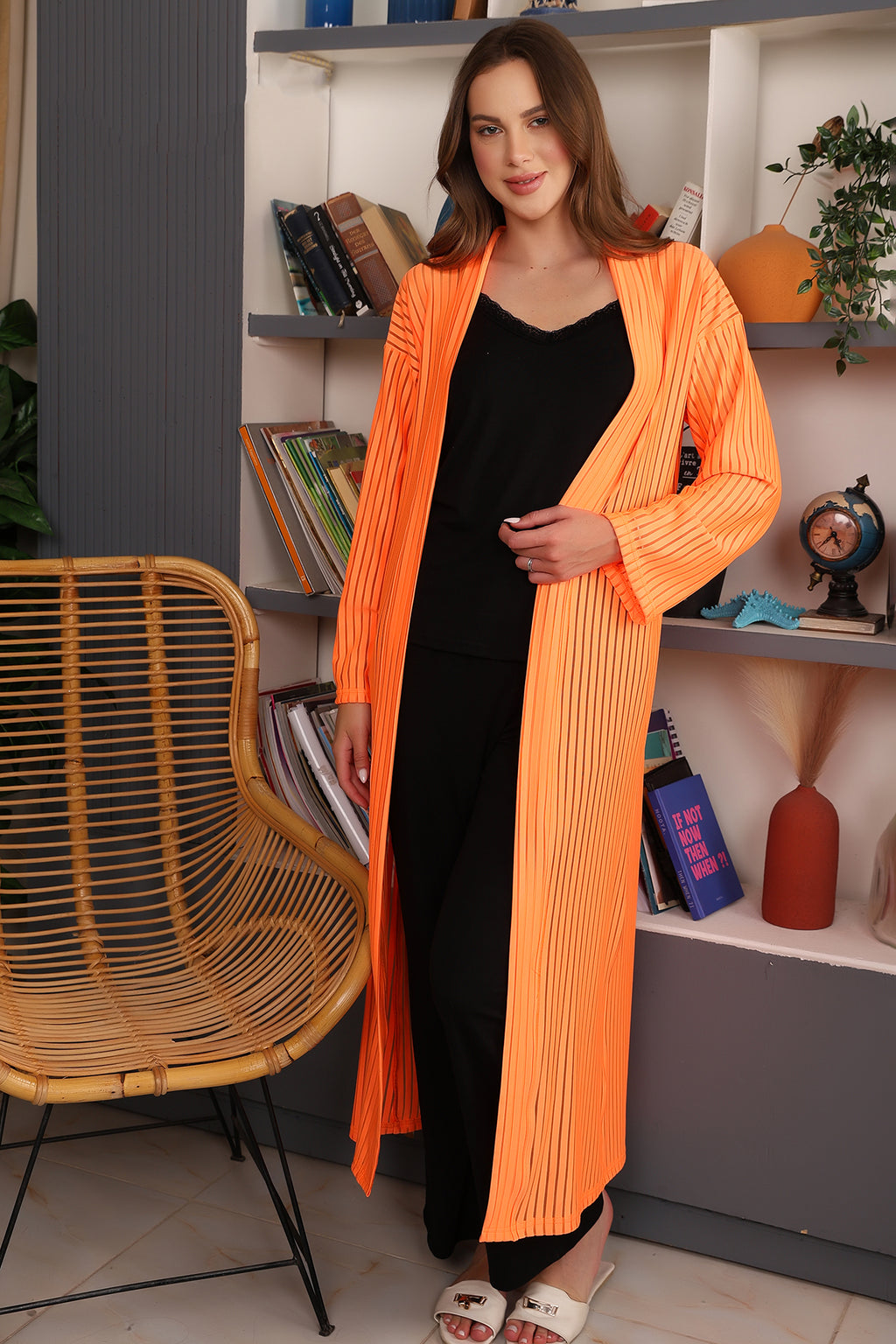 Cotton Pajama Set with Striped Robe