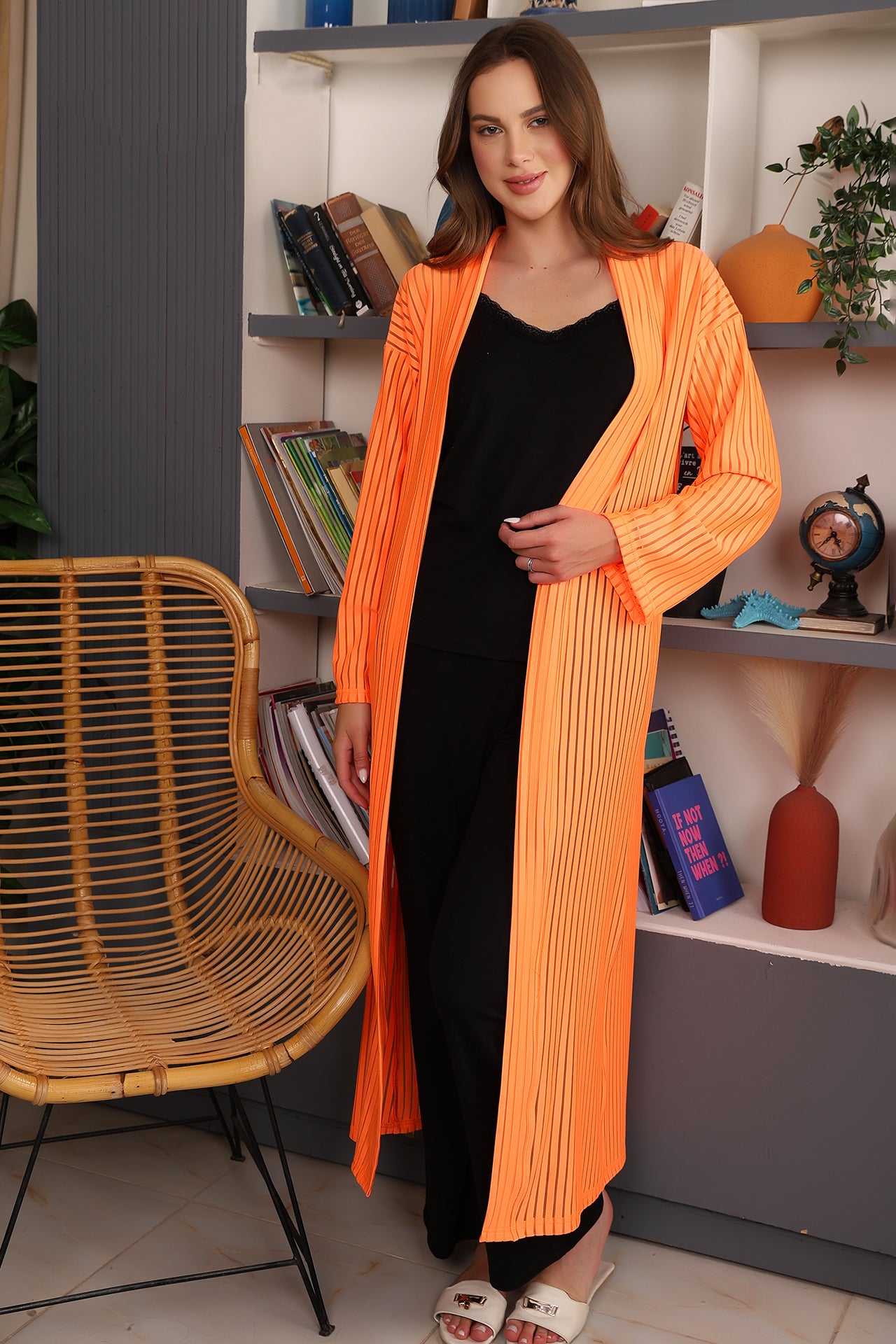 Cotton Pajama Set with Striped Robe