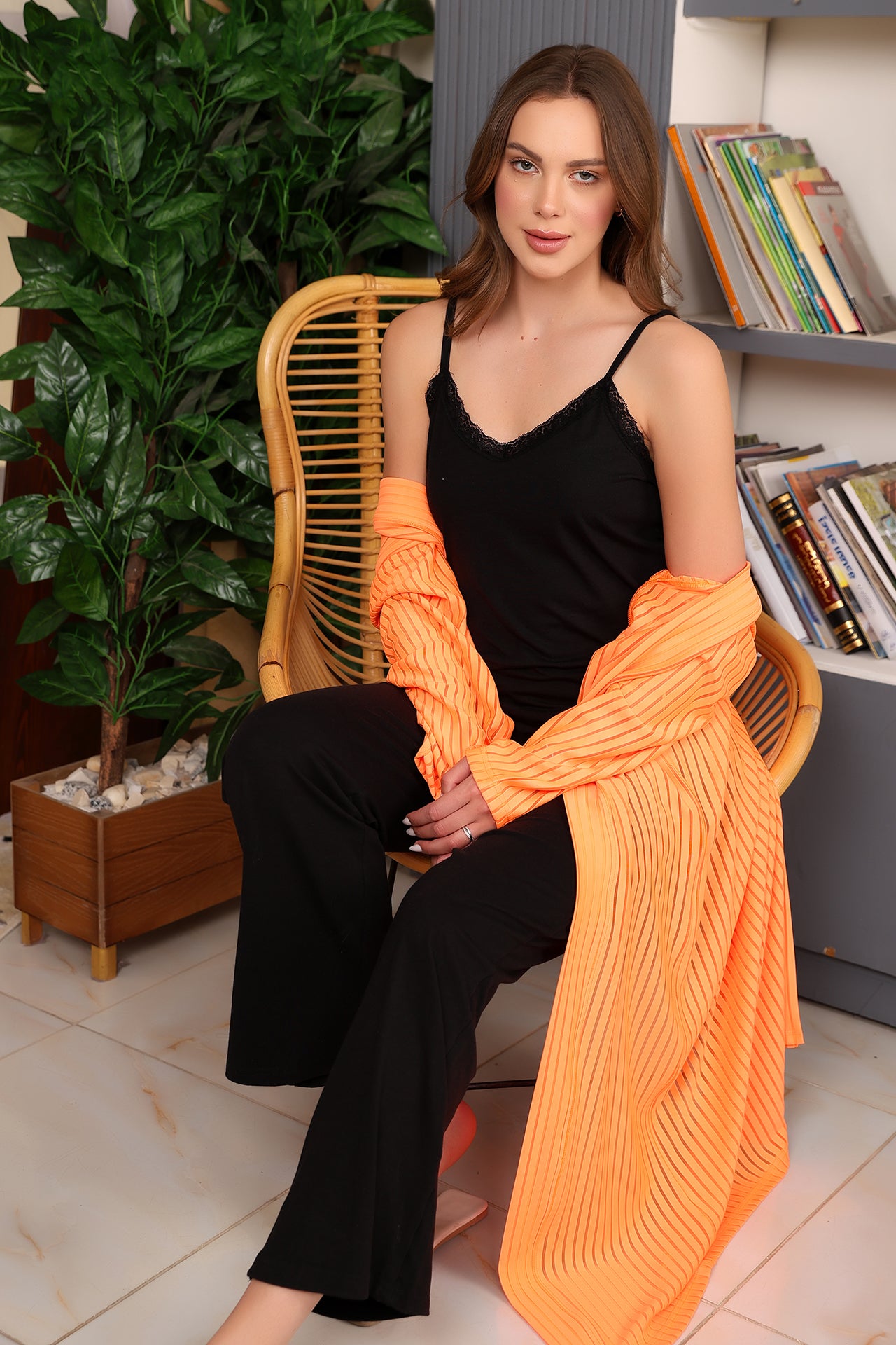 Cotton Pajama Set with Striped Robe