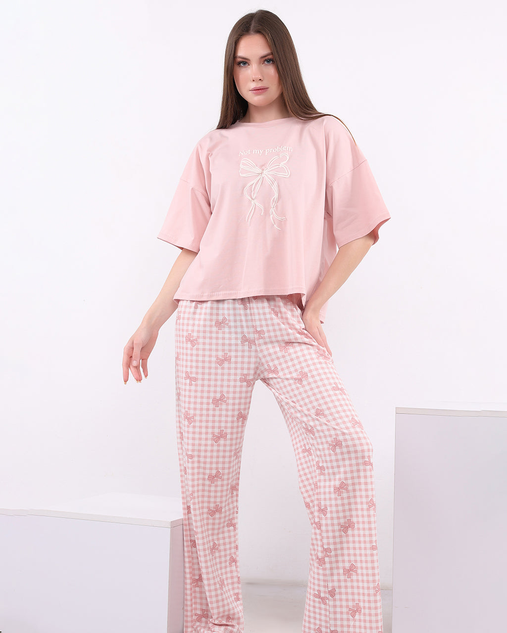 Oversized Cotton Bow Gingham Pajama