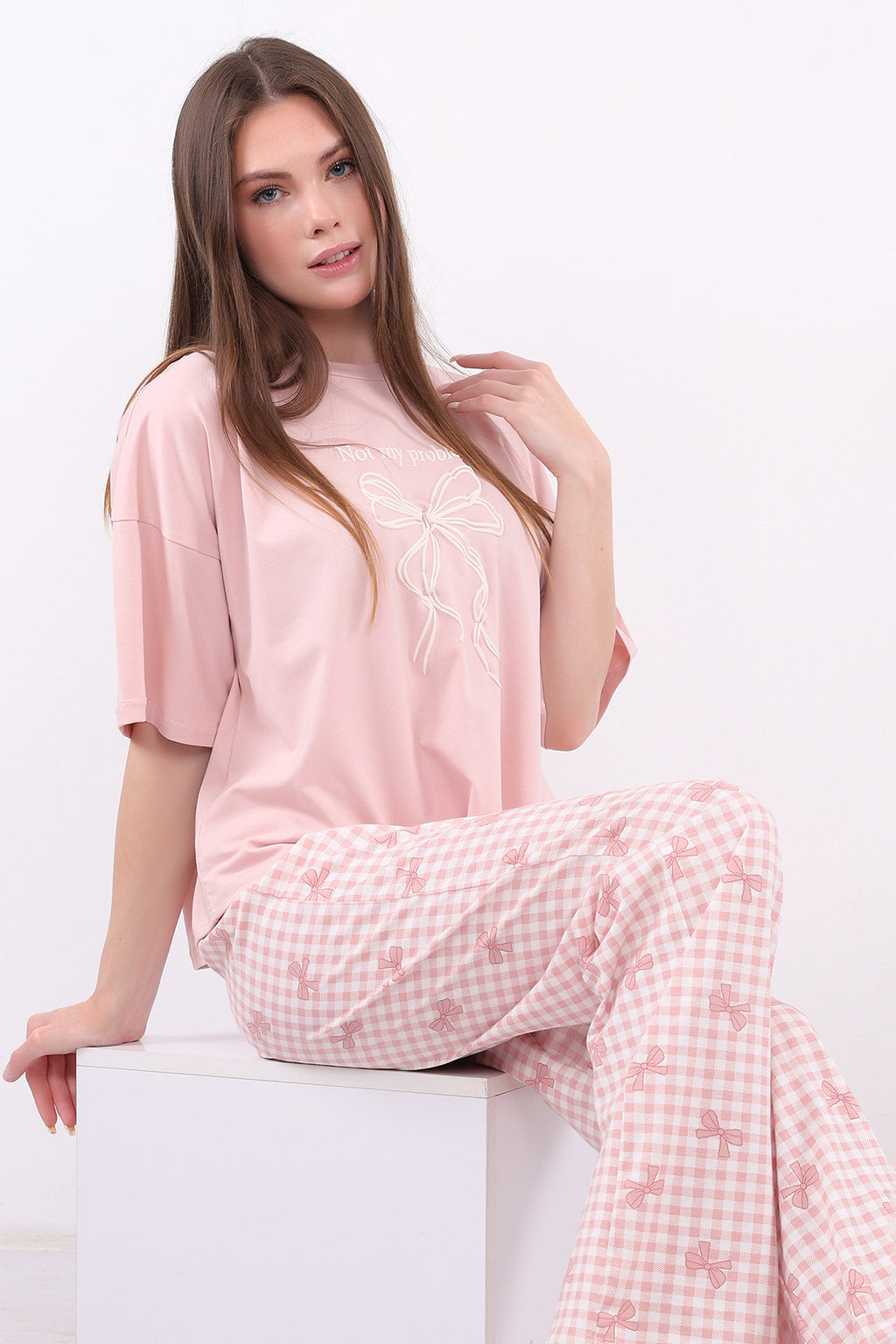 Oversized Cotton Bow Gingham Pajama