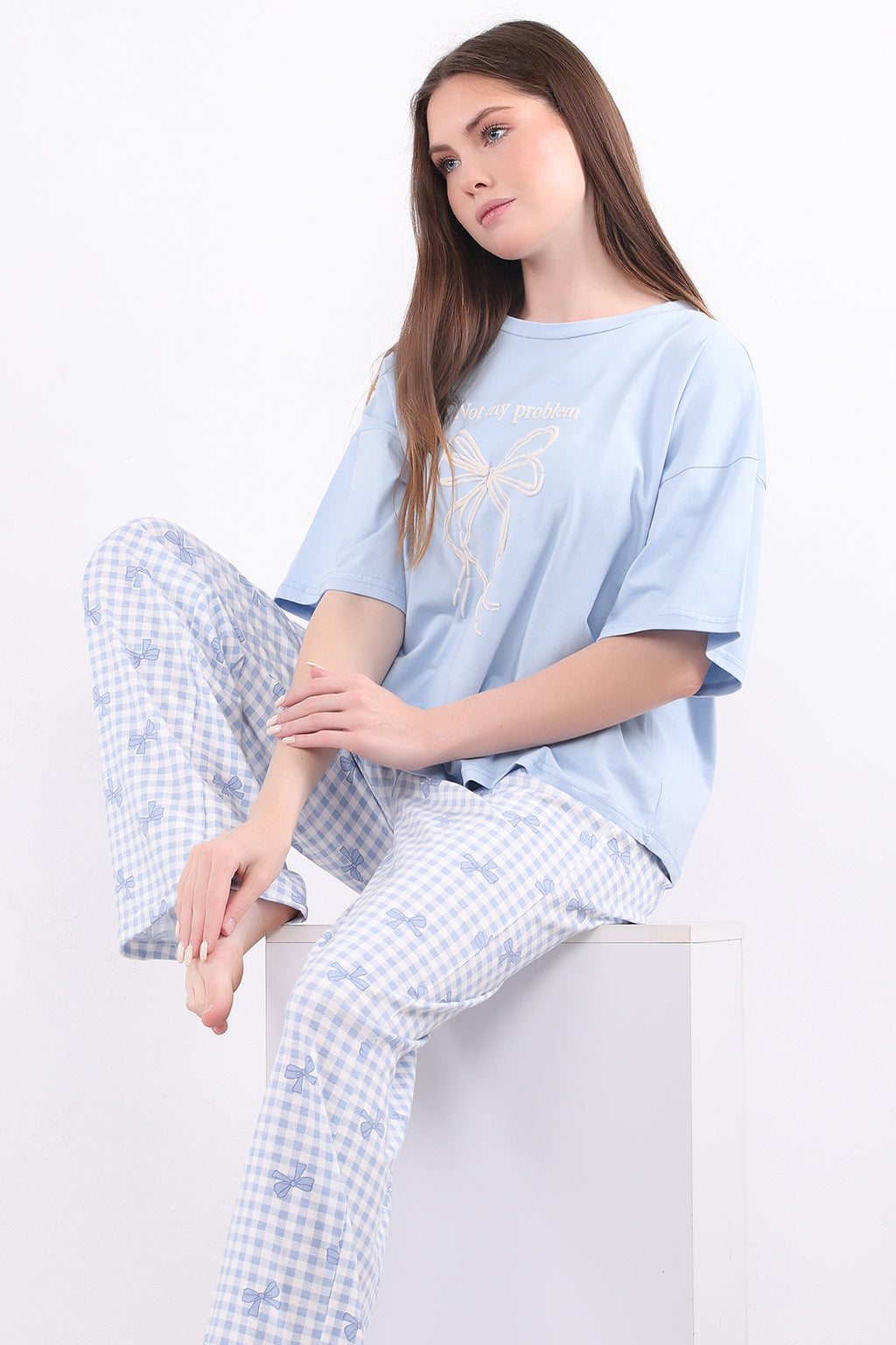 Oversized Cotton Bow Gingham Pajama
