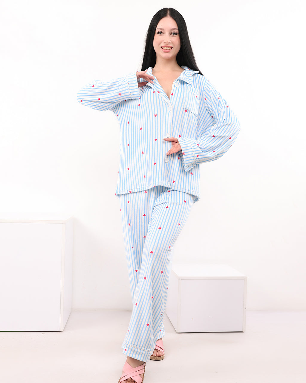 Striped Heart Velvet Pajama