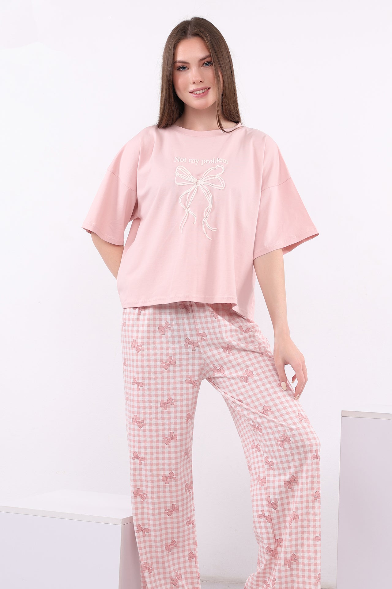 Oversized Cotton Bow Gingham Pajama