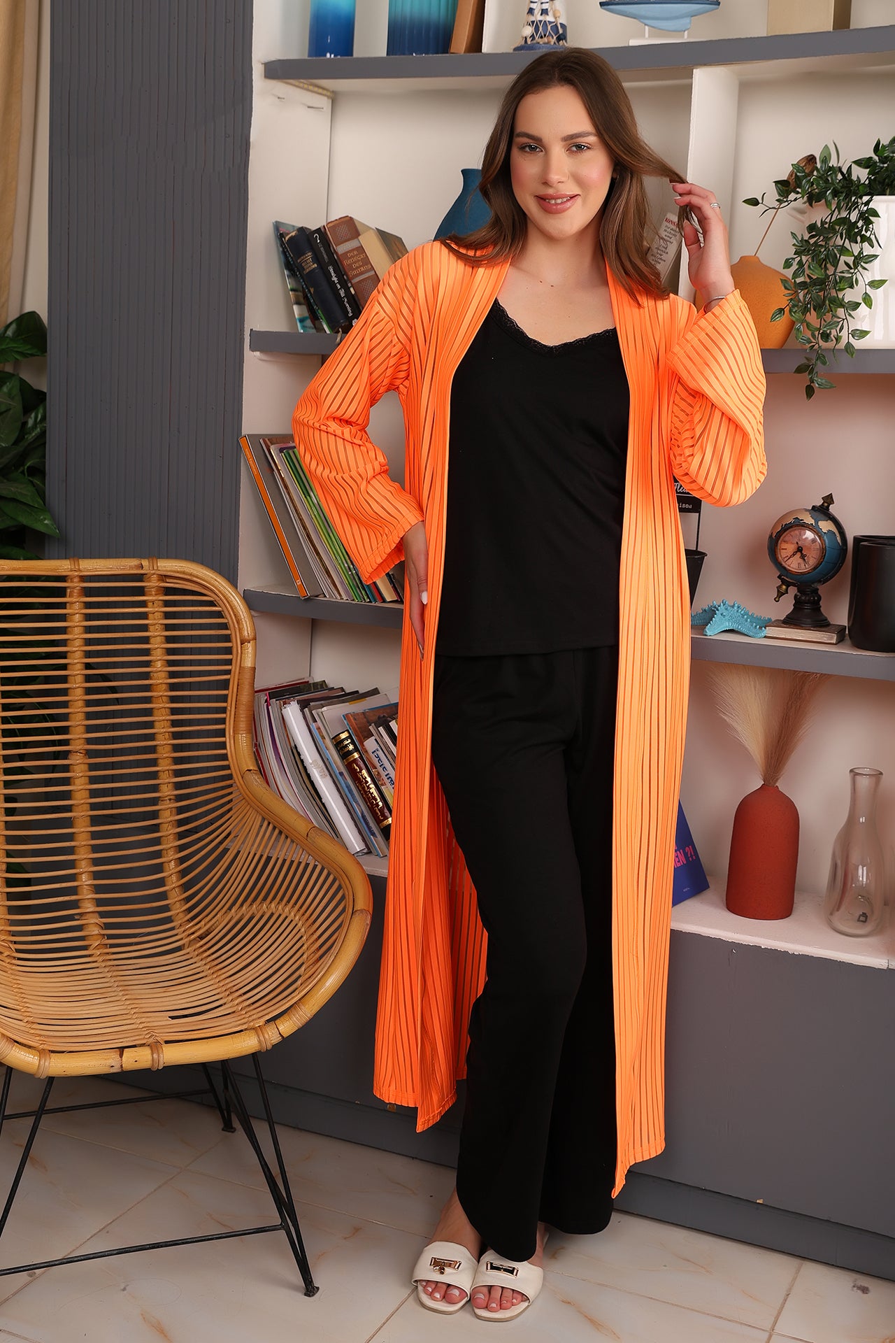 Cotton Pajama Set with Striped Robe